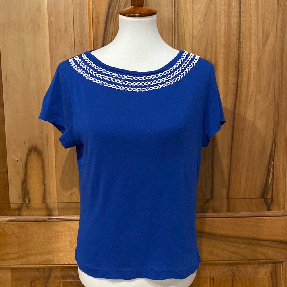 Talbots - Petites - Blue Scoop-Neck Tee/White Beaded Neckline Detail - EUC - XLP